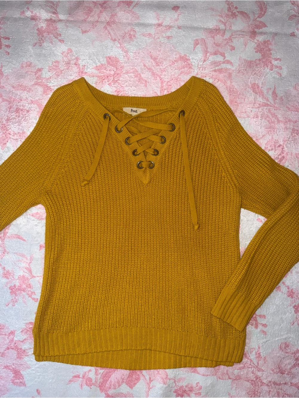 Pout Lace-Up V-Neck Knit Sweater in Mustard Yellow